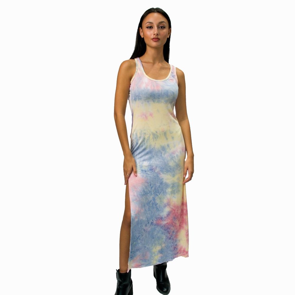 Light Rainbow Women's Summer Casual Long Slit Dress Supersoft Stretch Tie Dye